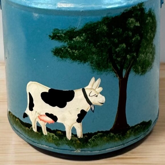 Blue Hand painted Metal Canister Planter Cow Tree with Handle 13 in Farmhouse - Picture 3 of 5
